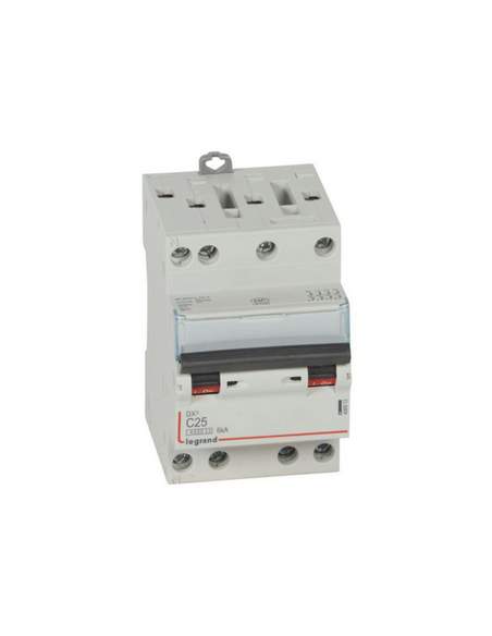 Disjoncteur DX³4500 6kA arrivée haute et sortie basse par borne à vis tétrapolaire 400V 25A courbe C 3 modules  LEGRAND 406912