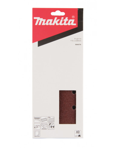 10 Feuilles rectangulaires abrasives 115x229 mm - 5+5 trous - Auto-agrippant Grain 40 MAKITA P-33174