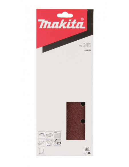 10 Feuilles rectangulaires abrasives 115x229 mm - 5+5 trous - Auto-agrippant Grain 40 MAKITA P-33174