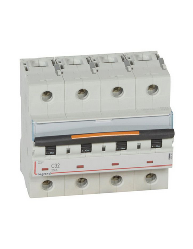 Disjoncteur DX³ 25kA arrivée haute et départ bas à vis 4 Pôles 400V 32A courbe C 6 modules LEGRAND 409797