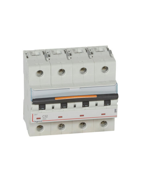 Disjoncteur DX³ 25kA arrivée haute et départ bas à vis 4 Pôles 400V 32A courbe C 6 modules LEGRAND 409797