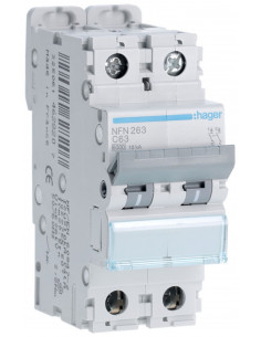 Disjoncteur 2 Pôles 10kA courbe C 63A 2 modules HAGER NFN263