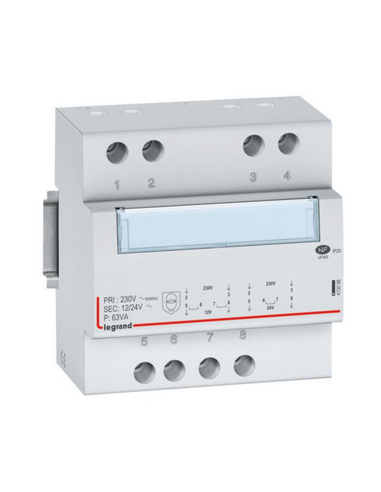 Transformateur de sécurité 230V vers 12V ou 24V 63VA 5 modules LEGRAND 413098
