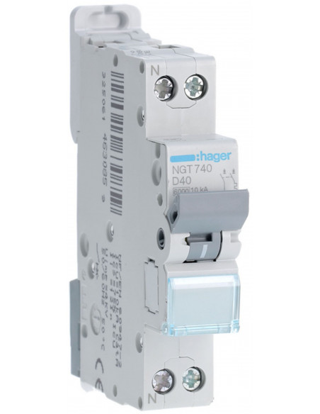 Disjoncteur 1P+N 6-10kA courbe D 40A 1 module HAGER NGT740