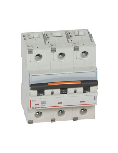 Disjoncteur DX³ 25kA arrivée haute et départ bas à vis 3 Pôles 400V~ 80A courbe D 4,5 modules LEGRAND 409840