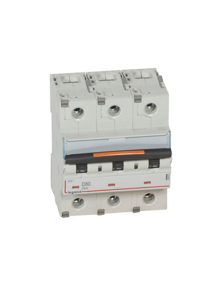 Disjoncteur DX³ 25kA arrivée haute et départ bas à vis 3 Pôles 400V~ 80A courbe D 4,5 modules LEGRAND 409840