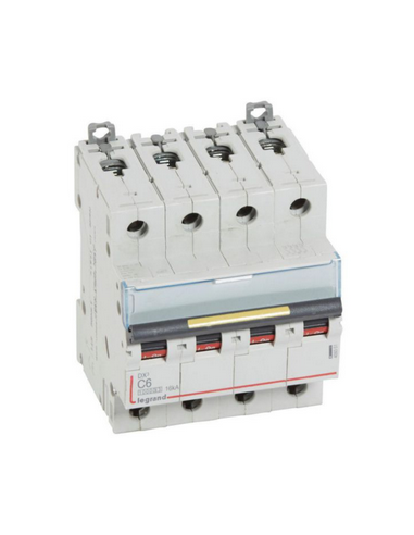 Disjoncteur DX³10000 16kA arrivée haute et départ bas à vis 4 Pôles 400V~ 6A courbe C 4 modules LEGRAND 409351