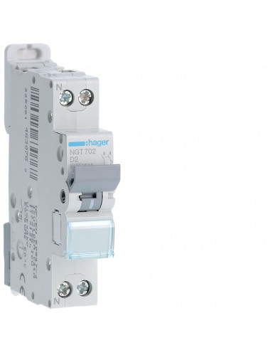 Disjoncteur 1P+N 6-10kA courbe D 2A 1 module HAGER NGT702