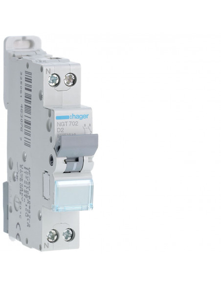 Disjoncteur 1P+N 6-10kA courbe D 2A 1 module HAGER NGT702