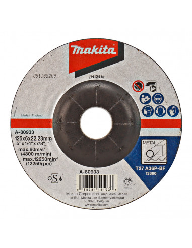 Disque à ébarber pour métal, ébavurages divers, pour meuleuses d'angle 125X6X22,23mm A36P MAKITA A-80933