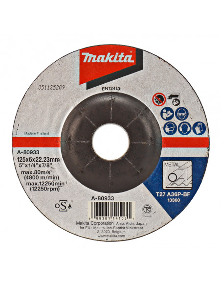 Disque à ébarber pour métal, ébavurages divers, pour meuleuses d'angle 125X6X22,23mm A36P MAKITA A-80933