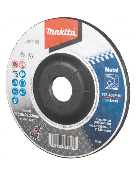Disque à ébarber pour métal, ébavurages divers, pour meuleuses d'angle 125X6X22,23mm A36P MAKITA A-80933