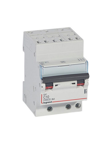 Disjoncteur DX³4500 6kA arrivée haute bornes auto sortie basse bornes vis Tripolaire 400V~ 10A courbe C 3 modules LEGRAND 406899