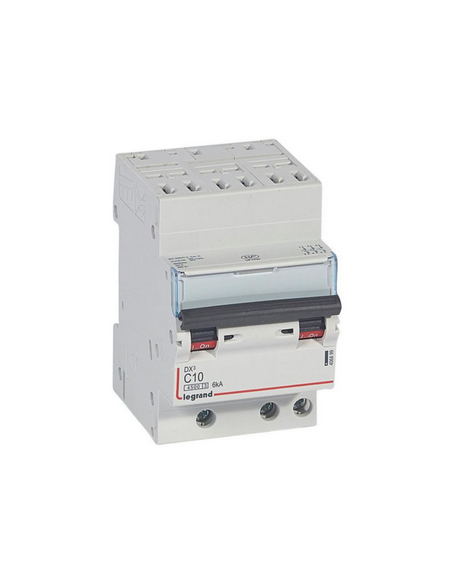 Disjoncteur DX³4500 6kA arrivée haute bornes auto sortie basse bornes vis Tripolaire 400V~ 10A courbe C 3 modules LEGRAND 406899