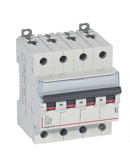 Disjoncteur DX³6000 arrivée haute et départ bas à vis 4 Pôles 400V 20A courbe D pour peigne HX³ traditionnel LEGRAND 408148