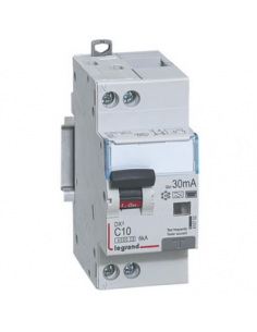 Disjoncteur différentiel DX³4500 arrivée haute et départ bas à vis U+N 230V~ 10A type F 30mA courbe C 2 modules LEGRAND 410752