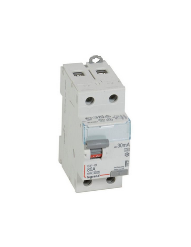 Interrupteur différentiel DX³-ID arrivée haute et départ bas à vis 2 Pôles 230V 80A Type A 30mA 2 modules LEGRAND 411557