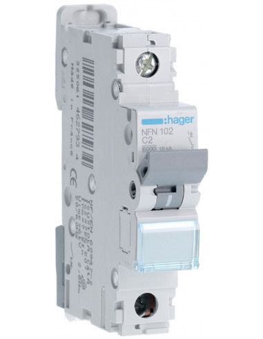 Disjoncteur 1 Pôles 6-10kA courbe C 2A 1 module HAGER NFN102