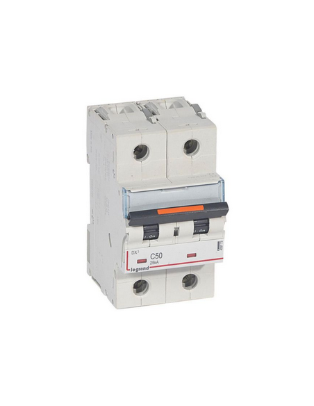 Disjoncteur DX³ 25kA arrivée haute et départ bas à vis 2 Pôles 230V~ à 400V~ 50A courbe C 3 modules LEGRAND 409773