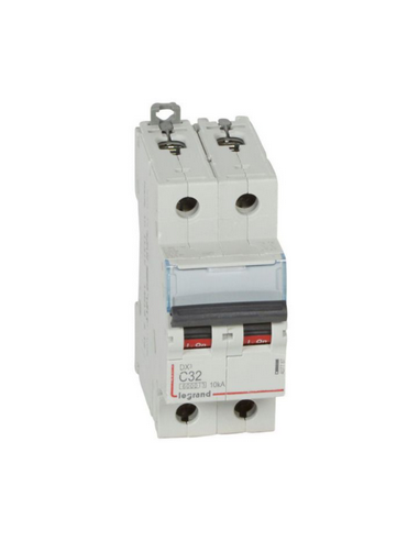 Disjoncteur DX³6000 10kA arrivée haute et départ bas à vis 2 Pôles de 230V à 400V 32A courbe C 2 modules LEGRAND 407787