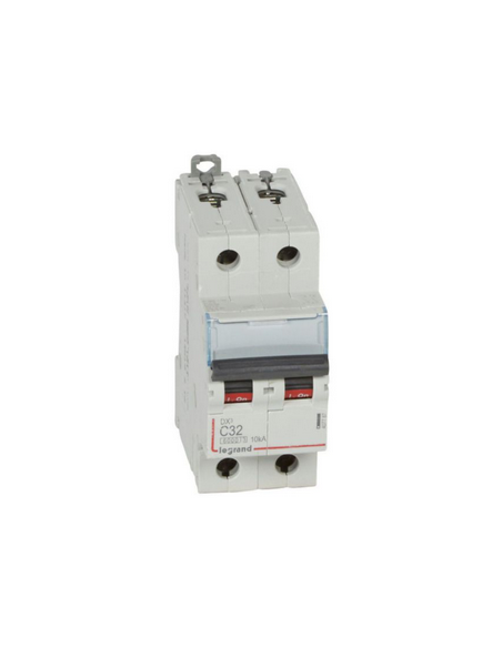 Disjoncteur DX³6000 10kA arrivée haute et départ bas à vis 2 Pôles de 230V à 400V 32A courbe C 2 modules LEGRAND 407787