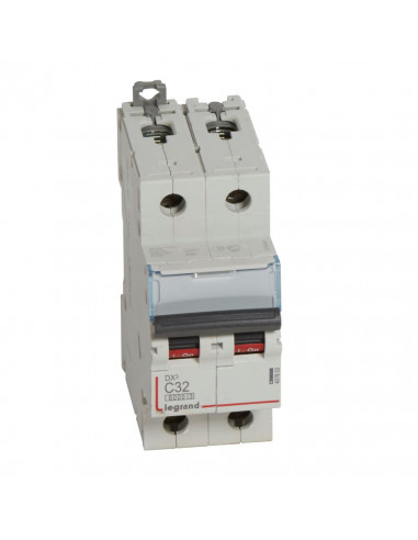 Disjoncteur DX³6000 10kA arrivée haute et départ bas à vis 2 Pôles de 230V à 400V 32A courbe C 2 modules LEGRAND 407803