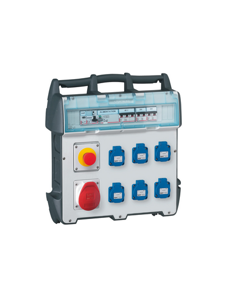 Coffret de chantier P17 IP44 IK09 230V~ avec 6 prises brochage domestique, 1 prise 16A 3P+N+T et protections LEGRAND 058951