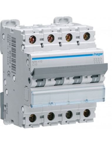 Disjoncteur 4 Pôles 25kA courbe C 10A 4 modules HAGER NRN410