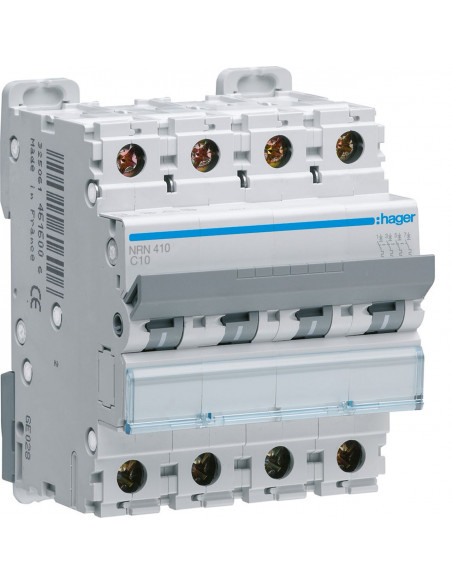 Disjoncteur 4 Pôles 25kA courbe C 10A 4 modules HAGER NRN410