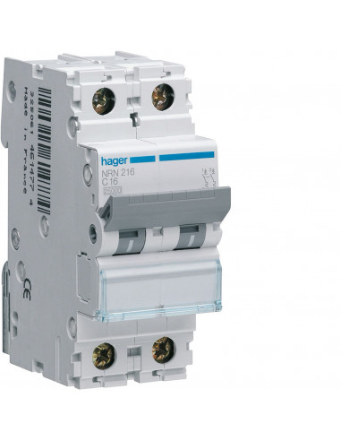 Disjoncteur 2 Pôles 25kA courbe C 16A 2 modules HAGER NRN216