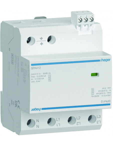 Parafoudre de type 1+2 Iimp 12,5kA 4 Pôles 4 modules avec auxiliaire de contact TNS/TT HAGER SPA412