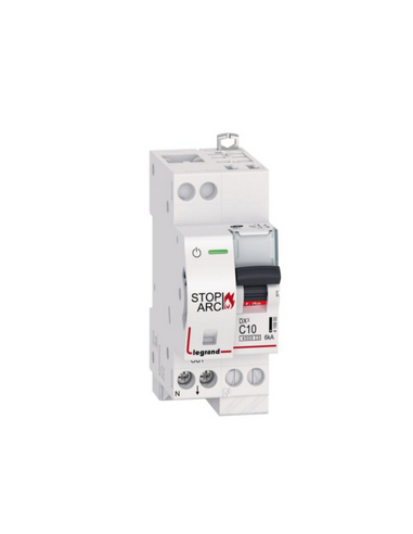 Disjoncteur DX³ STOP ARC 4500 6kA arrivée auto et sortie basse à vis 1P+N 230V~ 10A courbe C 2 modules LEGRAND 415900