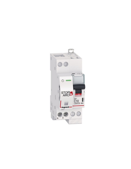 Disjoncteur DX³ STOP ARC 4500 6kA arrivée auto et sortie basse à vis 1P+N 230V~ 10A courbe C 2 modules LEGRAND 415900