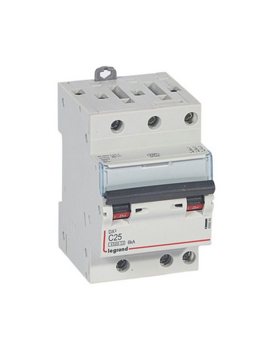 Disjoncteur DX³4500 6kA arrivée haute sortie basse par borne à vis tripolaire 400V~ 25A courbe C 3 modules LEGRAND 406894