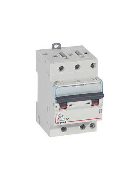 Disjoncteur DX³4500 6kA arrivée haute sortie basse par borne à vis tripolaire 400V~ 25A courbe C 3 modules LEGRAND 406894