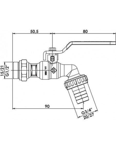 Robinet d'arrosage orientable à sphère avec raccord au nez 15/21 - 20/27