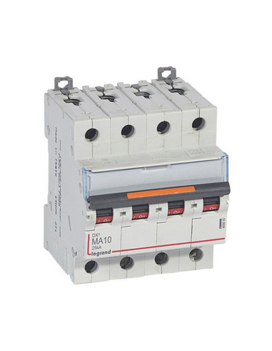 Disjoncteur magnétique seul DX³ MA 25kA arrivée haute départ bas vis 4 Pôles 400V~ 10A 4 modules LEGRAND 409890