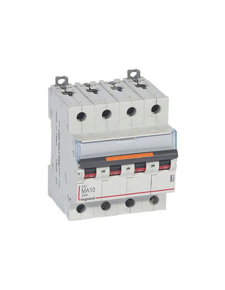 Disjoncteur magnétique seul DX³ MA 25kA arrivée haute départ bas vis 4 Pôles 400V~ 10A 4 modules LEGRAND 409890