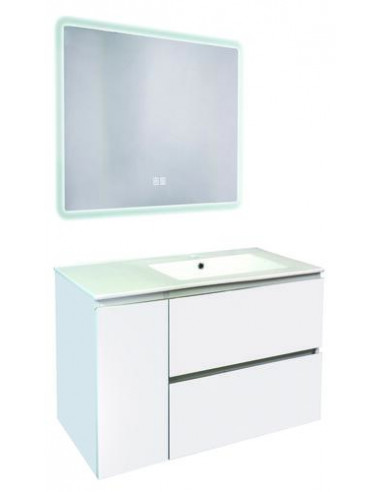 Meuble OSLO à suspendre 2 tiroirs & 1 porte 90cm blanc mat avec miroir LED ATHENES HAM-402117531
