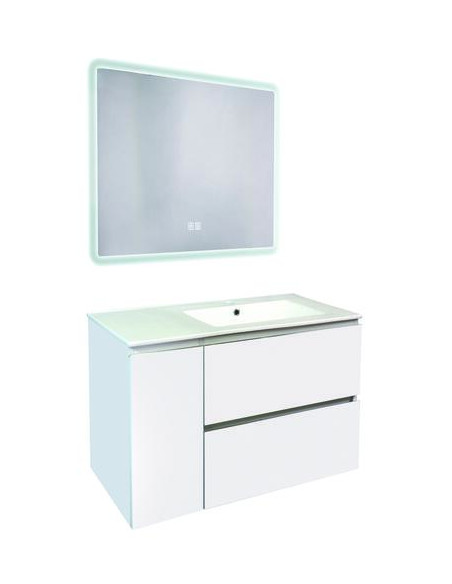 Meuble OSLO à suspendre 2 tiroirs & 1 porte 90cm blanc mat avec miroir LED ATHENES HAM-402117531