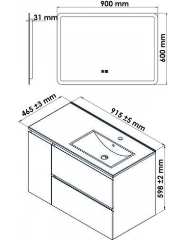 Meuble OSLO à suspendre 2 tiroirs & 1 porte 90cm blanc mat avec miroir LED ATHENES HAM-402117531