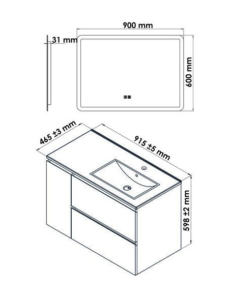 Meuble OSLO à suspendre 2 tiroirs & 1 porte 90cm blanc mat avec miroir LED ATHENES HAM-402117531