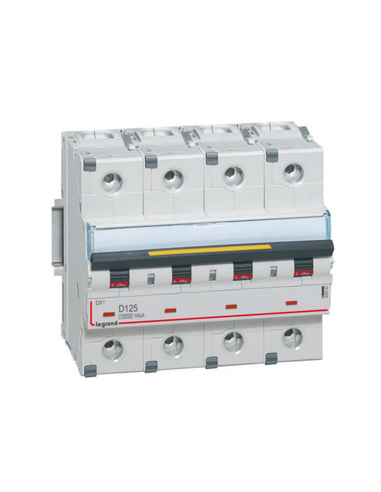 Disjoncteur DX³10000 16kA arrivée haute et départ bas vis 4 Pôles 400V~ 125A courbe D 6 modules LEGRAND 409542