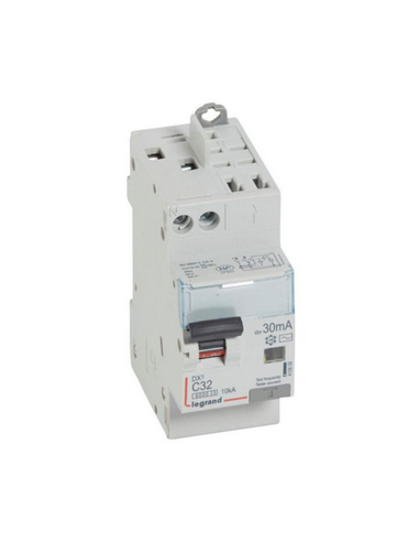 Disjoncteur différentiel monobloc DX³6000 10kA arrivée haute vis départ haut auto U+N 230V~ 32A type AC 30mA LEGRAND 410808