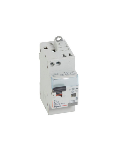 Disjoncteur différentiel monobloc DX³6000 10kA arrivée haute vis départ haut auto U+N 230V~ 32A type AC 30mA LEGRAND 410808