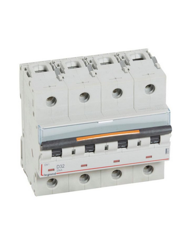 Disjoncteur DX³ 25kA arrivée haute et départ bas à vis 4 Pôles 400V~ 32A courbe D 6 modules LEGRAND 409849