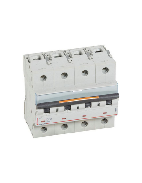 Disjoncteur DX³ 25kA arrivée haute et départ bas à vis 4 Pôles 400V~ 32A courbe D 6 modules LEGRAND 409849