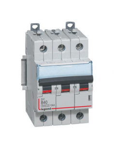 Disjoncteur DX³6000 10kA arrivée haute départ bas à vis 3 Pôles 400V~ 40A courbe B 3 modules LEGRAND 407536