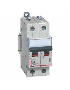 Disjoncteur DX³6000 10kA arrivée haute et départ bas à vis 2 Pôles 230V~ à 400V~ 25A courbe D 2 modules LEGRAND 408017