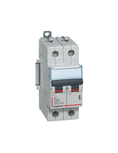 Disjoncteur DX³6000 10kA arrivée haute et départ bas à vis 2 Pôles 230V~ à 400V~ 25A courbe D 2 modules LEGRAND 408017